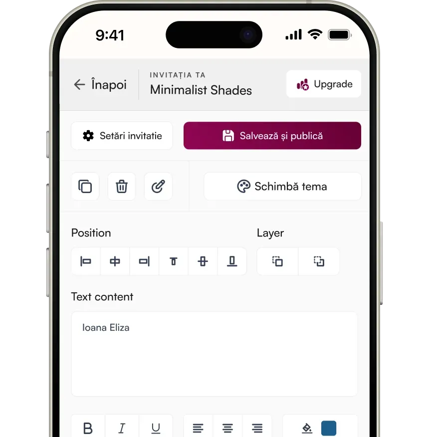 Editor intuitiv pentru personalizarea invitațiilor digitale - interfață drag and drop