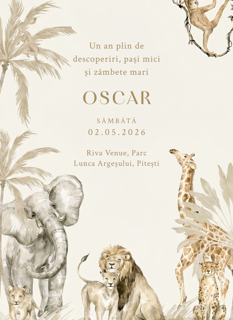 Model invitație digitală Safari Beige - design personalizabil pentru evenimente
