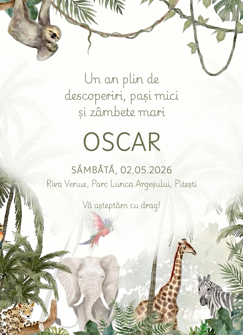 Model invitație digitală Safari Watercolour - design personalizabil pentru evenimente