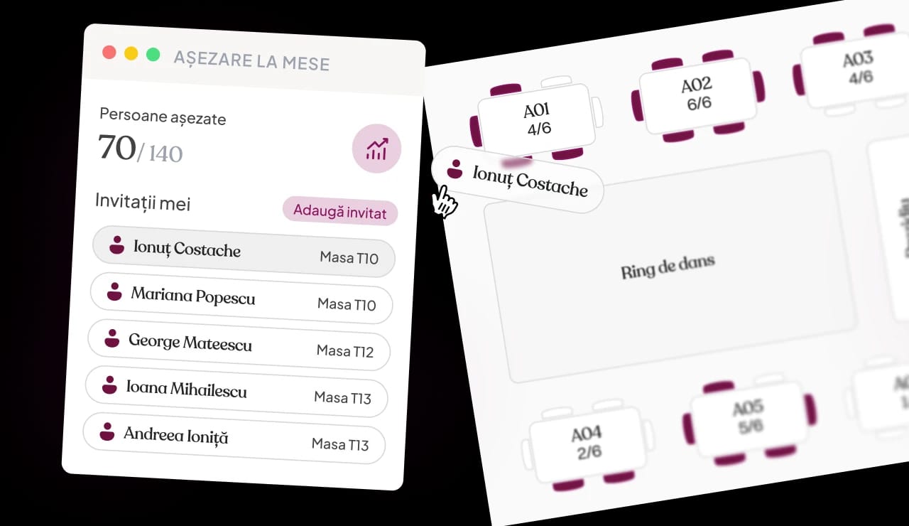 Soluție digitală invitații online - confirmări automate, plan mese, control total organizare nuntă și botez